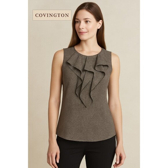 Covington Ruffle Front Sleeveless Blouse Women’s Size M Gray Black Herringbone P - Picture 1 of 8